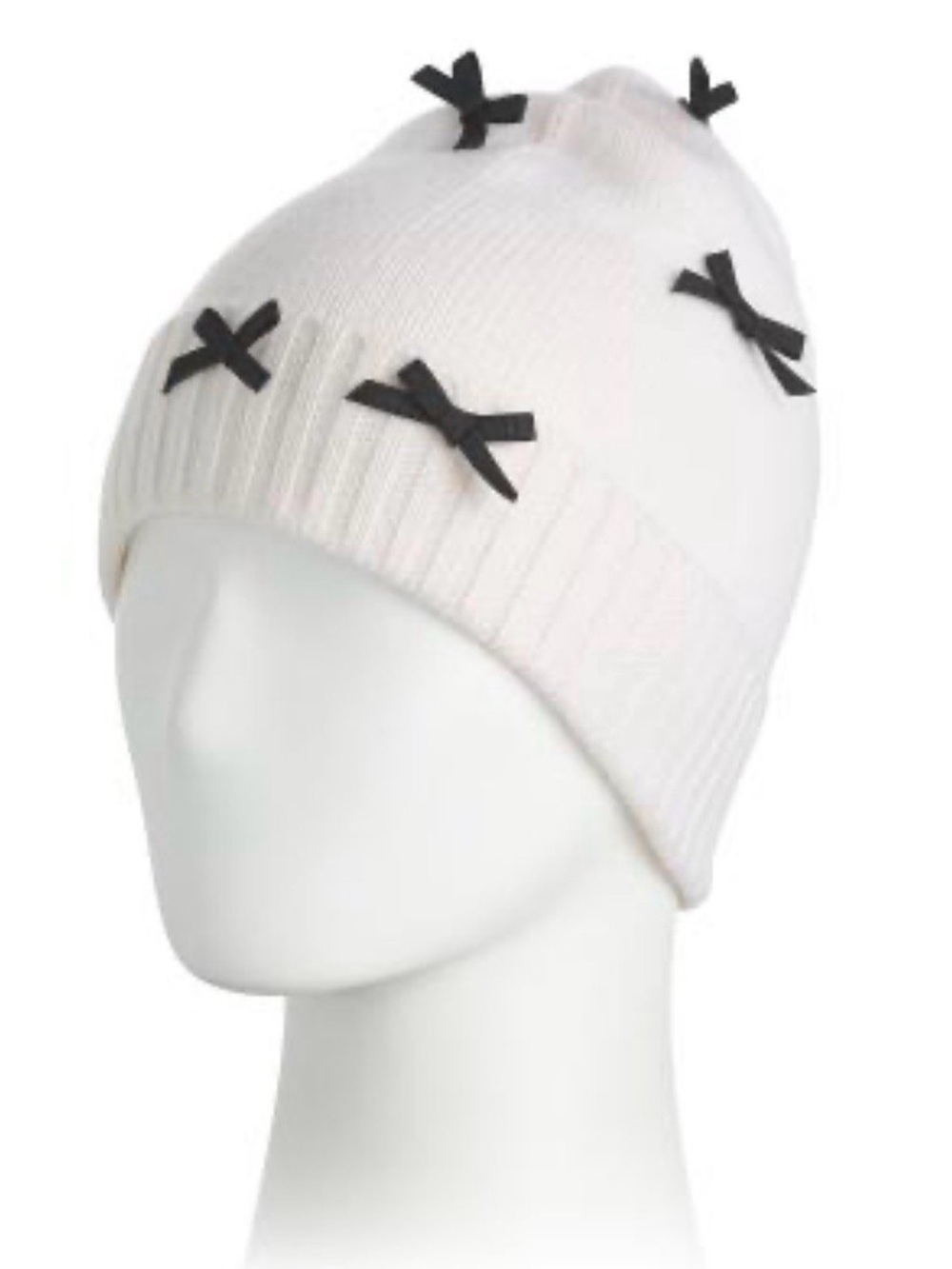 NWT Hannah Rose 100% Cashmere White Beanie Hat with Black Bows